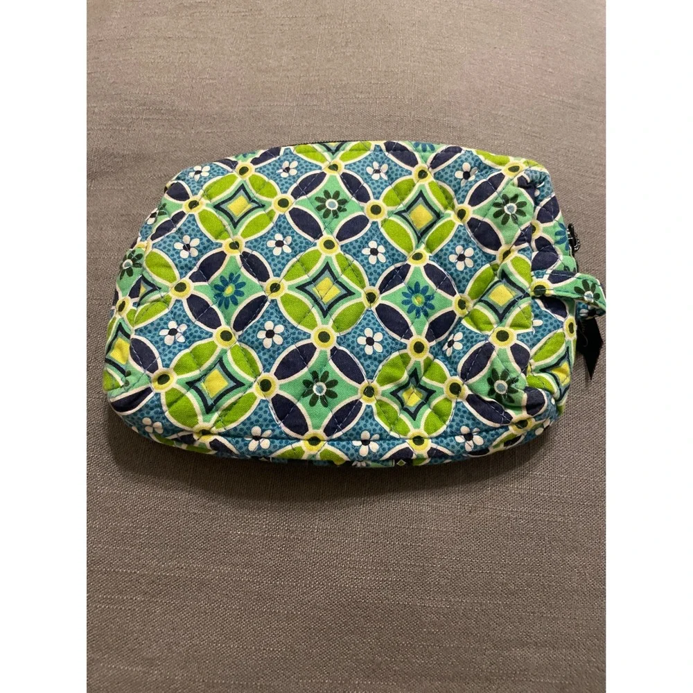 Vera Bradley Quilted Cotton Bag Green Blue Floral Geometric Makeup Pouch